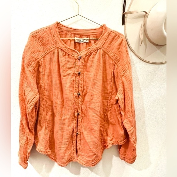 Free People Top Moving Mountains Button-Up Boho Vacation perpetual sunset - Picture 3 of 6